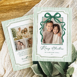 Tarjeta Festiva Green Bow Stripe Christmas Photo