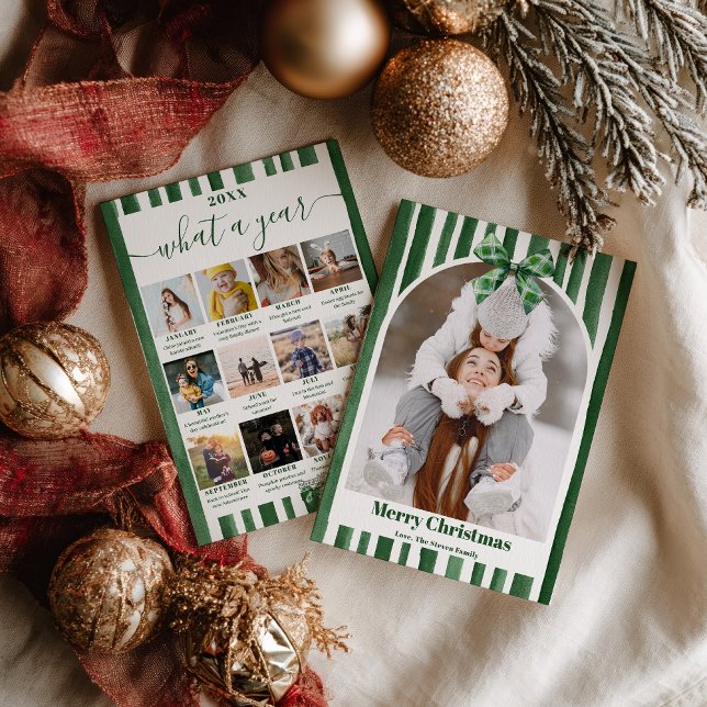 Tarjeta Festiva Green Bow Stripe Plaid Christmas Photo Year Review (Green Bow Stripe Plaid Christmas Photo Year Review Holiday Card)