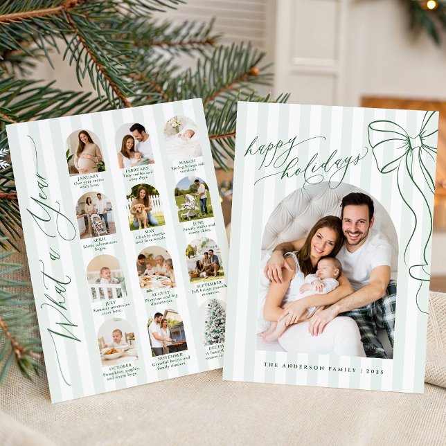 Tarjeta Festiva Green Bow What A Year Review Monthly Photo Collage (Subido por el creador)