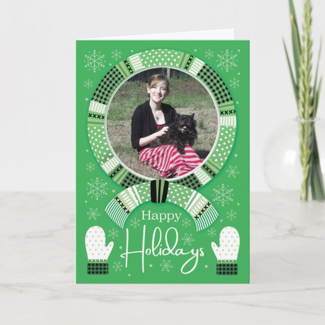 Tarjeta Festiva Green Buffalo Check Scarf Happy Holidays Photo (Anverso)