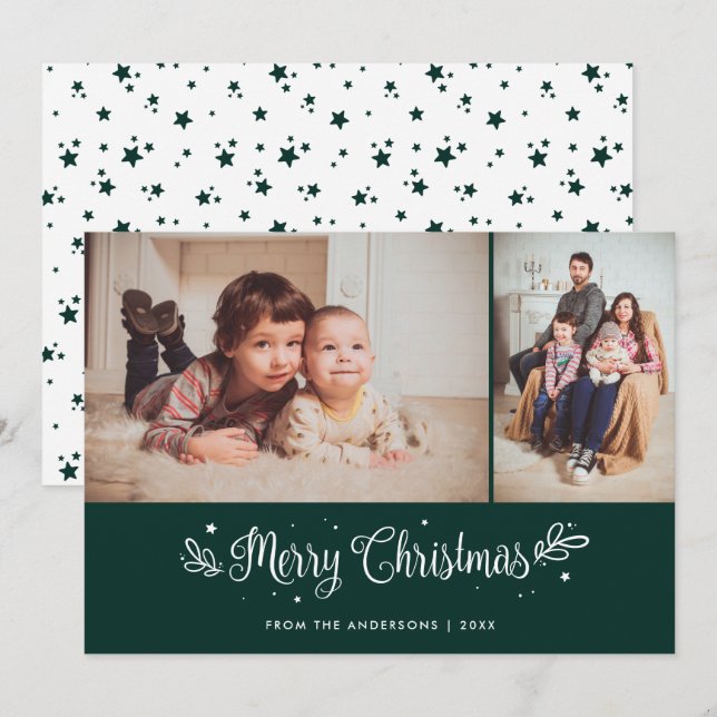Tarjeta Festiva Green Calligraphy Merry Christmas Photo Cards (Anverso / Reverso)