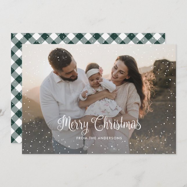 Tarjeta Festiva Green Calligraphy Snow Photo Merry Christmas Card (Anverso / Reverso)