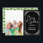 Tarjeta Festiva Green Chalkboard Typography Merry Christmas Photo<br><div class="desc">Green Abstract Pattern on Back Family or Couples Photo on Front Christmas Photo Card</div>
