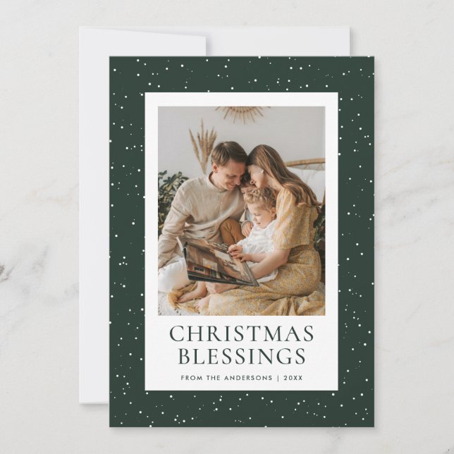 Tarjeta Festiva Green Christmas Blessings Snow Photo (Anverso)