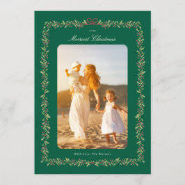 Tarjeta Festiva green christmas bow botanical frame photo