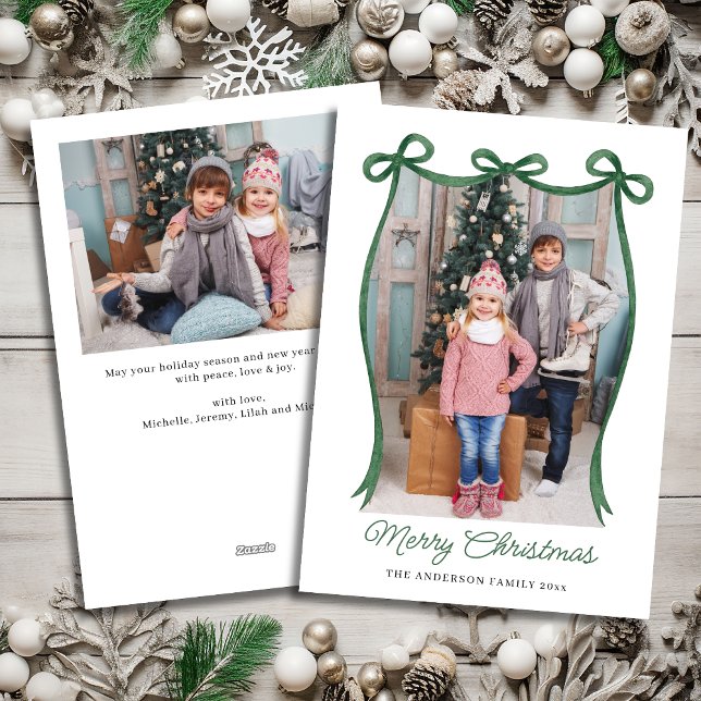 Tarjeta Festiva Green Christmas Ribbon Two-Photo (Green Christmas Ribbon 2 Photo Holiday Card)