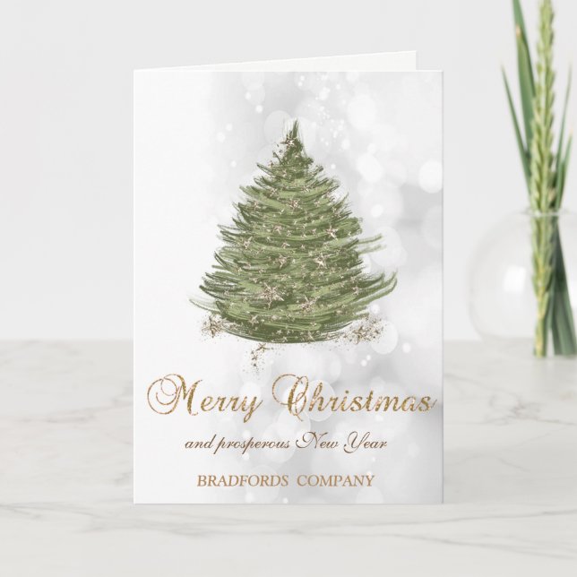 Tarjeta Festiva Green Christmas Tree, Bokeer Company Holiday Card (Anverso)
