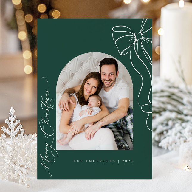 Tarjeta Festiva Green Coquette Bow Christmas Photo Card (Subido por el creador)