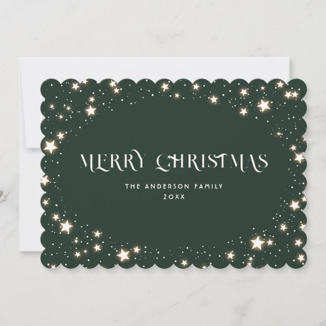 Tarjeta Festiva Green Elegent Stars Snow Merry Christmas Card (Anverso)