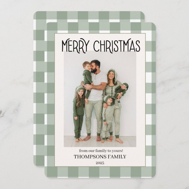 Tarjeta Festiva Green Gingham Holiday Family Photo Card (Anverso / Reverso)