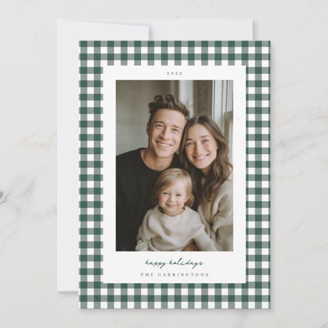 Tarjeta Festiva Green Gingham Holiday Photo Card (Anverso)