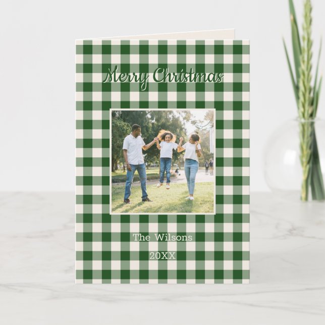 Tarjeta Festiva Green Gingham Plaid 2 Photo Christmas (Anverso)