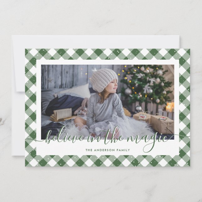 Tarjeta Festiva Green Gingham Plaid cree en la foto mágica (Anverso)