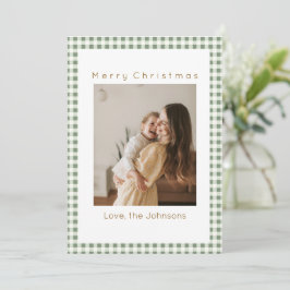 Tarjeta Festiva Green Gingham Plaid Custom Photo Christmas