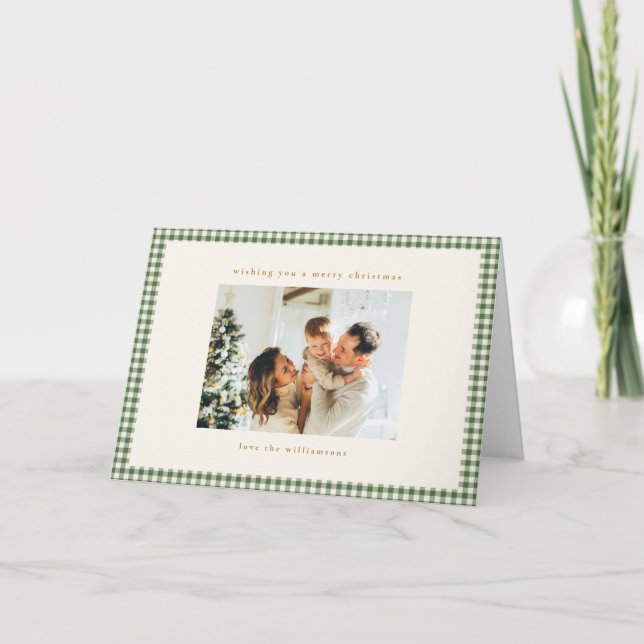 Tarjeta Festiva Green Gingham Plaid Custom Photo Christmas Folded (Anverso)