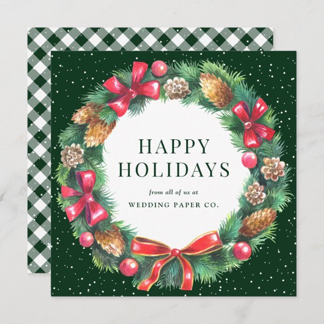 Tarjeta Festiva Green Gingham Plaid Navidades Wreath Corporate (Anverso / Reverso)