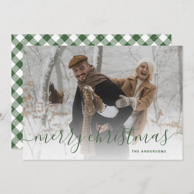 Tarjeta Festiva Green Gingham Plaid Photo Merry Christmas (Anverso / Reverso)