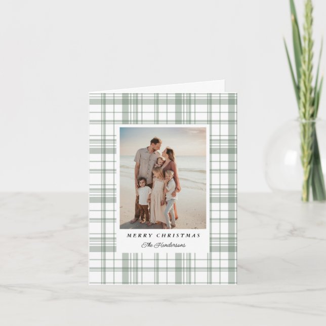 Tarjeta Festiva Green Gingham Plaid Tartan Christmas Photo Card (Anverso)