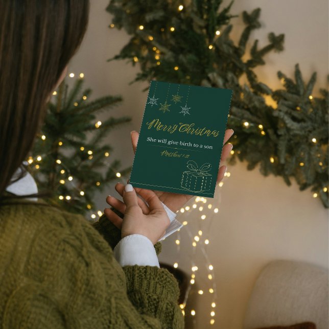 Tarjeta Festiva Green & Gold Christian Christmas Card – Matt. 1:21 (Subido por el creador)