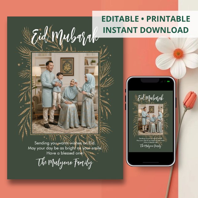 Tarjeta Festiva Green Gold Glitter Botanical Photo Eid Mubarak (Subido por el creador)