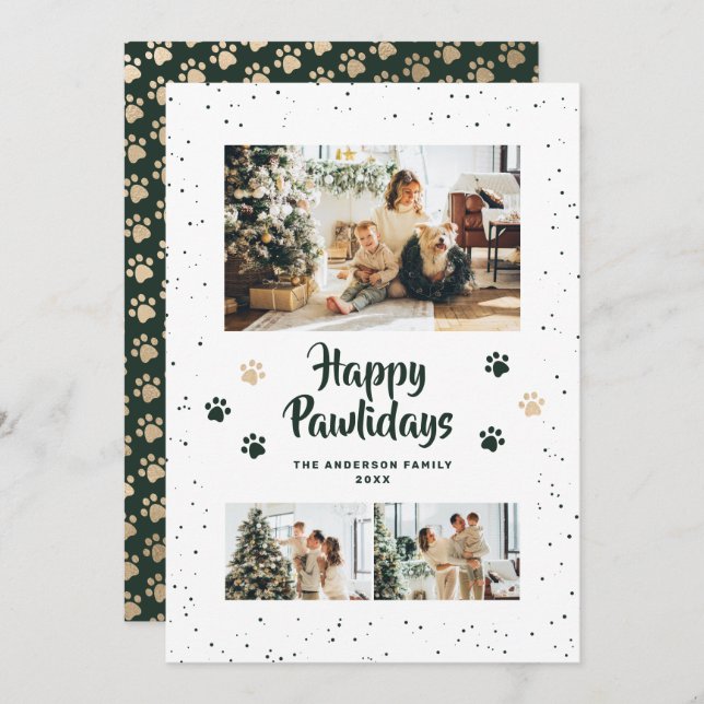 Tarjeta Festiva Green Gold Photo Happy Pawlidays Card (Anverso / Reverso)