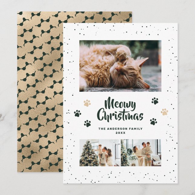 Tarjeta Festiva Green Gold Photo Snow Paws Meowy Christmas Card (Anverso / Reverso)