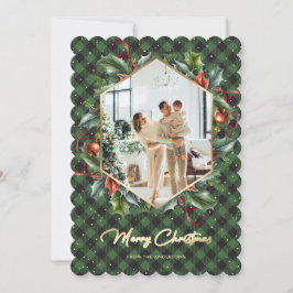 Tarjeta Festiva Green Gold Plaid Holly Photo Merry Christmas Card