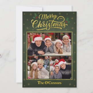 Tarjeta Festiva Green & Gold Script Merry Christmas Collage Card