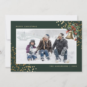 Tarjeta Festiva Green Gold Watercolor Holly Bell Photo