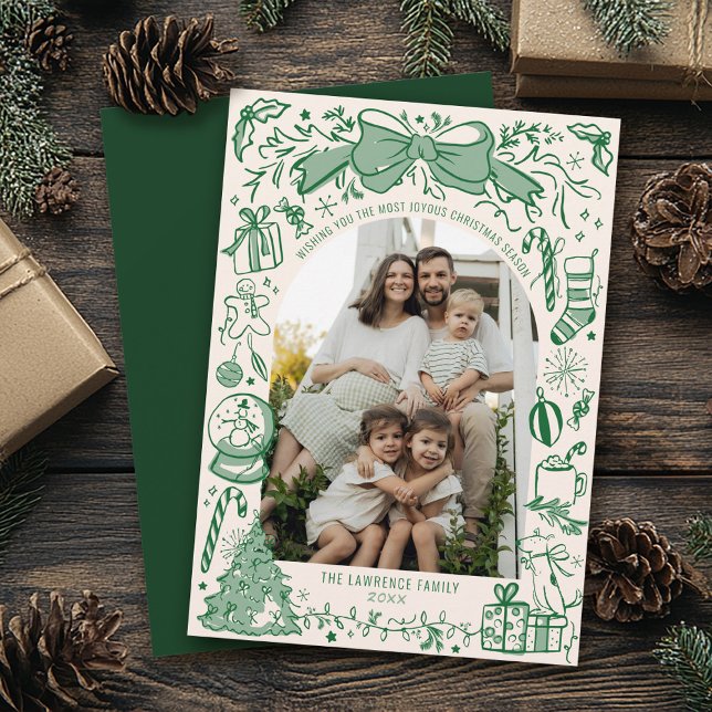 Tarjeta Festiva Green Hand Drawn Scribble Bow Arch Photo Christmas (Hand drawn Christmas bow tree green ivory scribbles doodles simple whimsical arch photo holiday card)