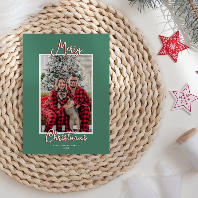 Tarjeta Festiva Green Holly Jolly Merry Christmas Family Photo (Subido por el creador)