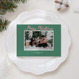 Tarjeta Festiva Green Holly Jolly Merry Christmas Photo and Letter