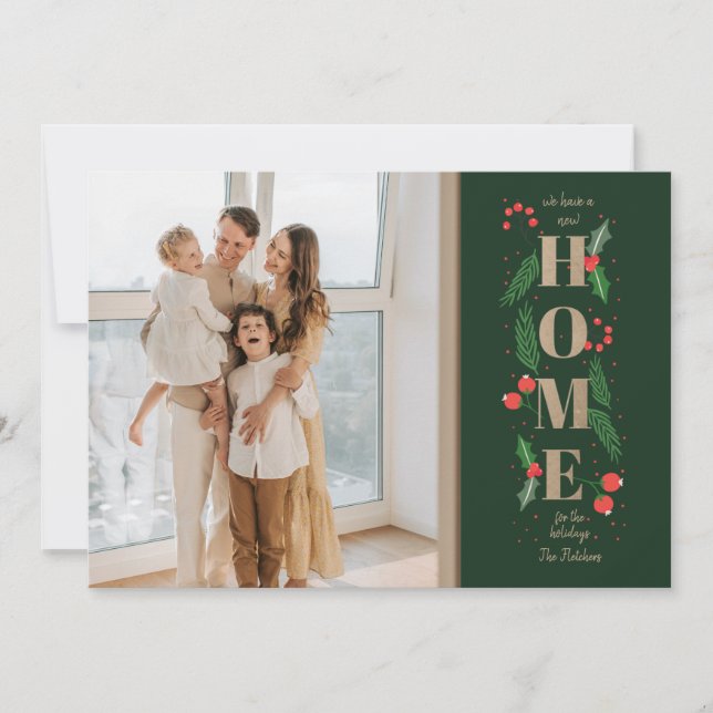 Tarjeta Festiva Green Holly New Home for Holidays Photo Moving (Anverso)