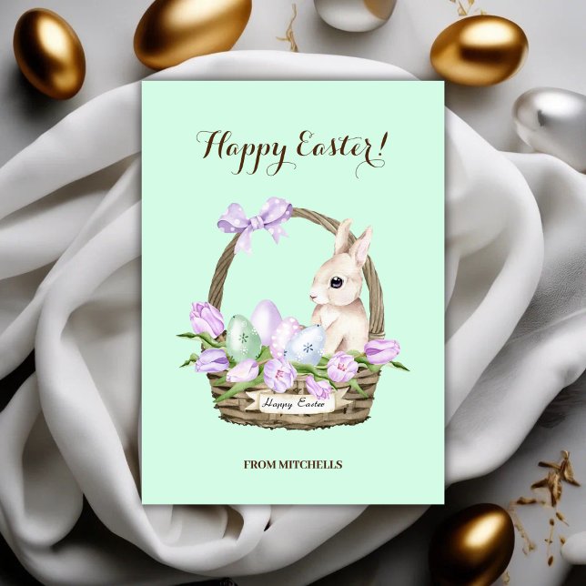 Tarjeta Festiva Green Light Happy Easter Rabbit Basket (Happy Easter Rabbit Basket Holiday Card)