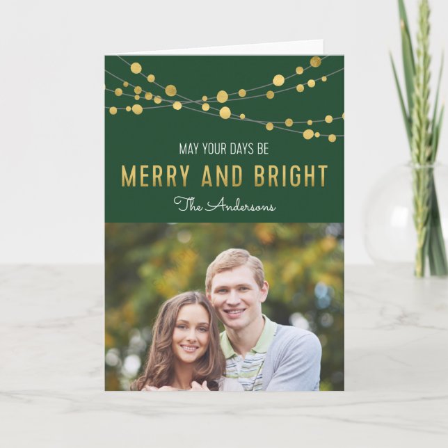 Tarjeta Festiva Green Lights Faux Gold Merry and Bright Photo (Anverso)