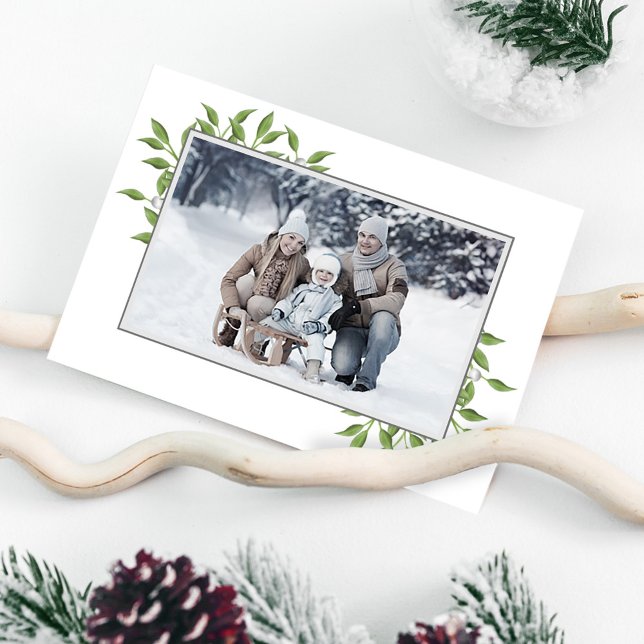 Tarjeta Festiva Green Merry Christmas Botanical One Photo (Christmas holiday greenery and foliage simple photo folding card. )