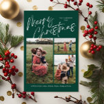 Tarjeta Festiva Green Merry Christmas Caliligraphy Script 3 Photo<br><div class="desc">La tarjeta navideña Green Merry Christmas Caligraphy Script 3 Photo Plaid Holiday Card incluye un guión moderno de caligrafía en la parte delantera,  junto con tres fotos y un Navidad festivo colocado en la parte posterior.</div>