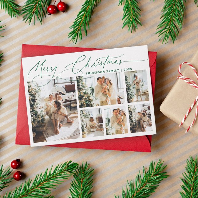 Tarjeta Festiva Green Merry Christmas Elegant Script Collage de fo (Subido por el creador)