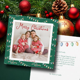 Tarjeta Festiva Green Merry Christmas Lights Cuece Foto Familiar