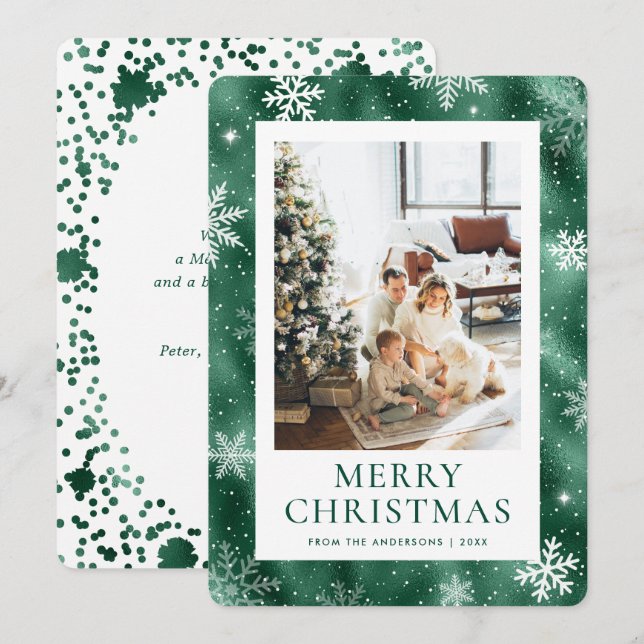 Tarjeta Festiva Green Merry Christmas Snflake Snow Photo (Anverso / Reverso)
