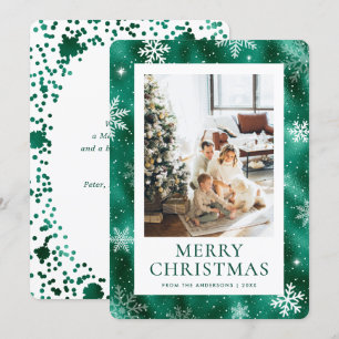 Tarjeta Festiva Green Merry Christmas Snflake Snow Photo