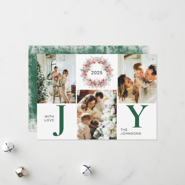 Tarjeta Festiva Green Modern Holly Berries 3 Navidades de la alegr (Anverso/Reverso In Situ)