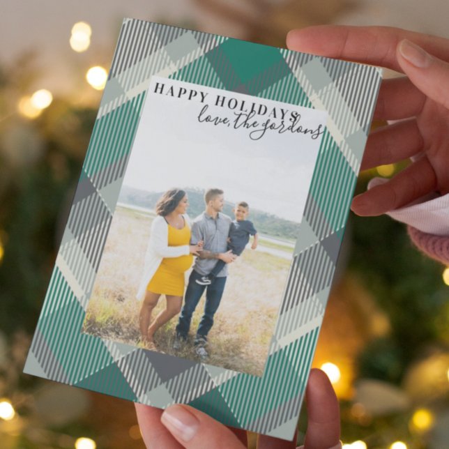 Tarjeta Festiva Green Modern Plaid Happy Holidays Photo (Subido por el creador)