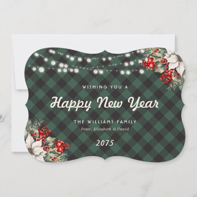 Tarjeta Festiva Green Plaid Botanical String Lights New Year Card (Anverso)