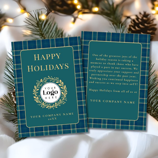 Tarjeta Festiva Green Plaid Business Logo Holiday Thank You Card (Subido por el creador)