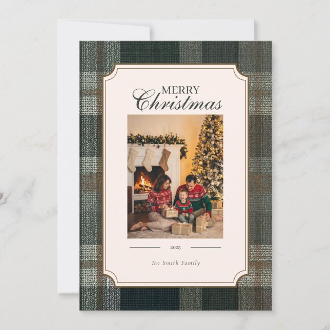 Tarjeta Festiva Green Plaid Christmas One Photo Holiday Card (Anverso)