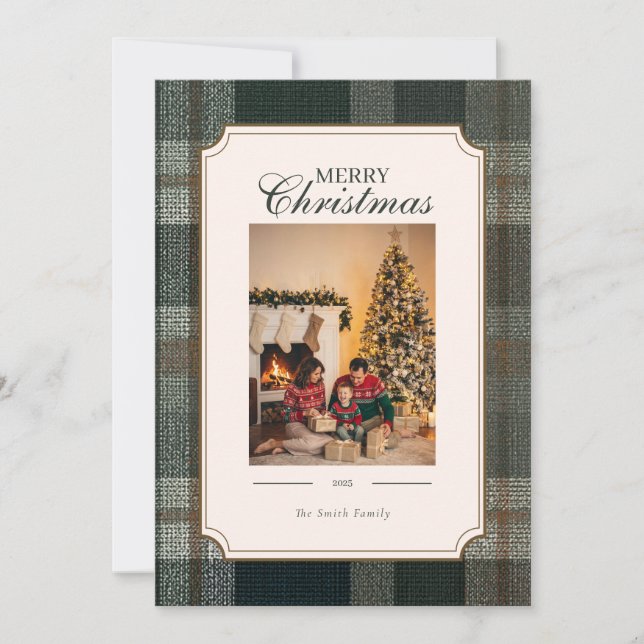 Tarjeta Festiva Green Plaid Christmas Three Photo Holiday Card (Anverso)