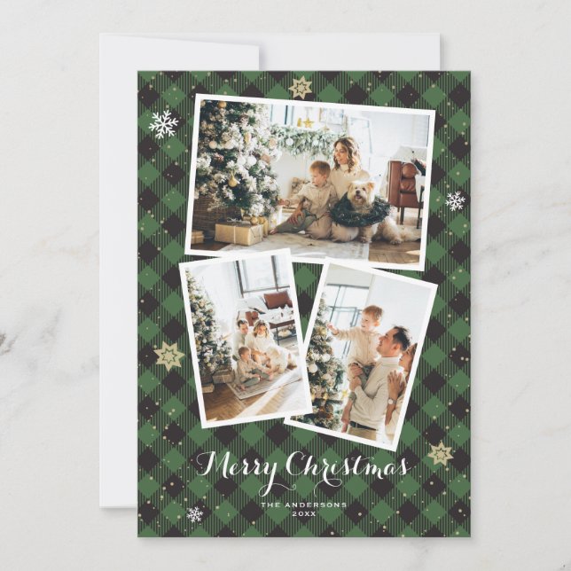 Tarjeta Festiva Green Plaid Collage de fotos Merry Christmas Cards (Anverso)