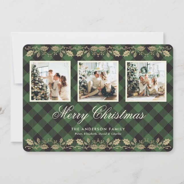 Tarjeta Festiva Green Plaid Gold Holly Photo Merry Christmas Card (Anverso)