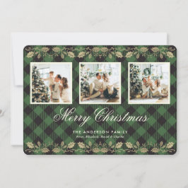 Tarjeta Festiva Green Plaid Gold Holly Photo Merry Christmas Card